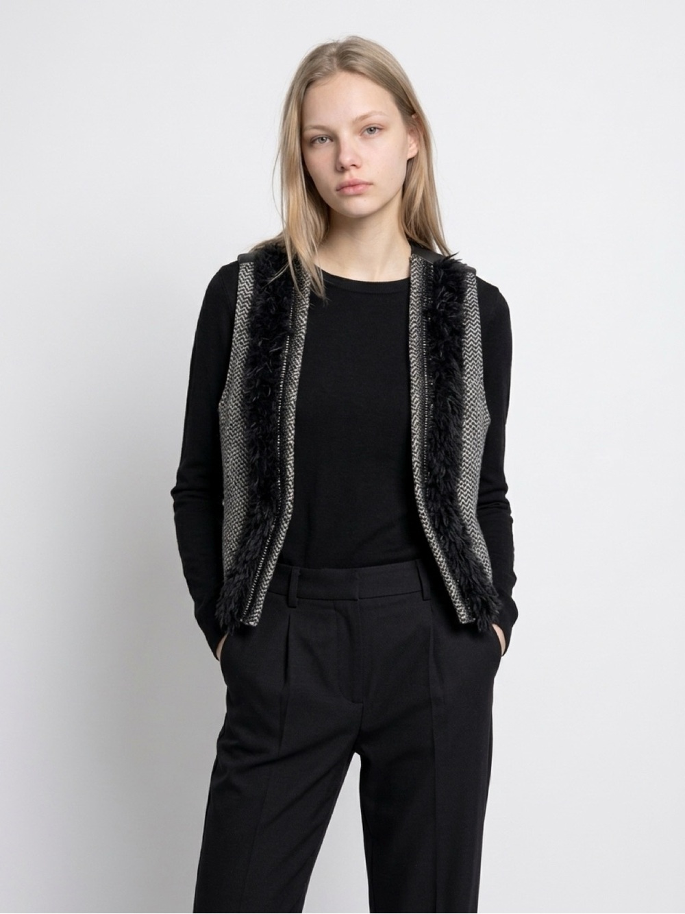 Pinko Black & Grey Faux Fur Trim Vest